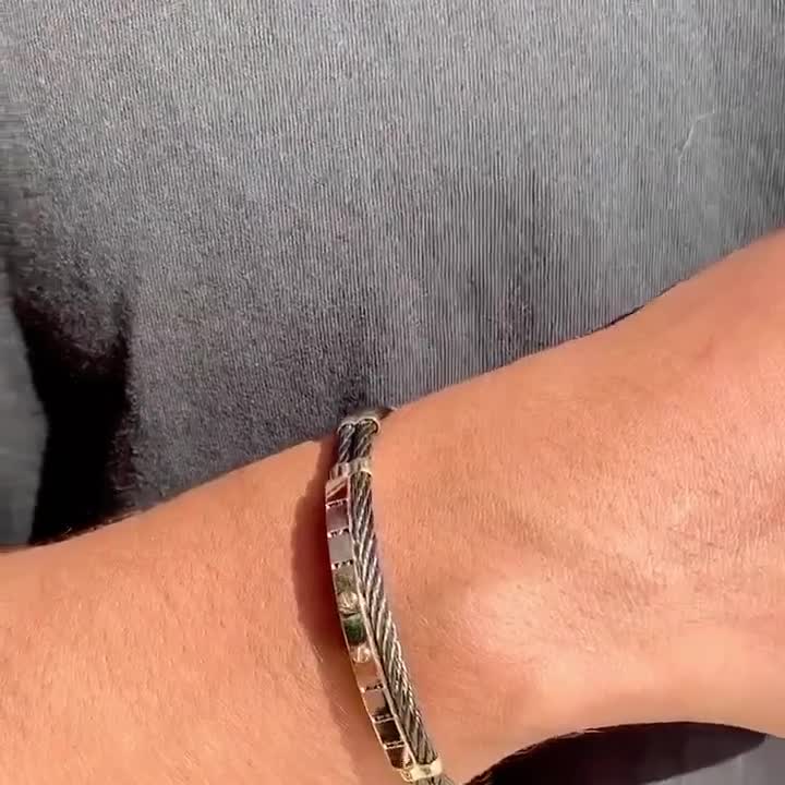 Bracciale da uomo in oro, bracciale rigido aperto in oro massiccio 14k, bracciale da uomo in oro giallo e acciaio nero a doppia fila, regalo per lui - Italia