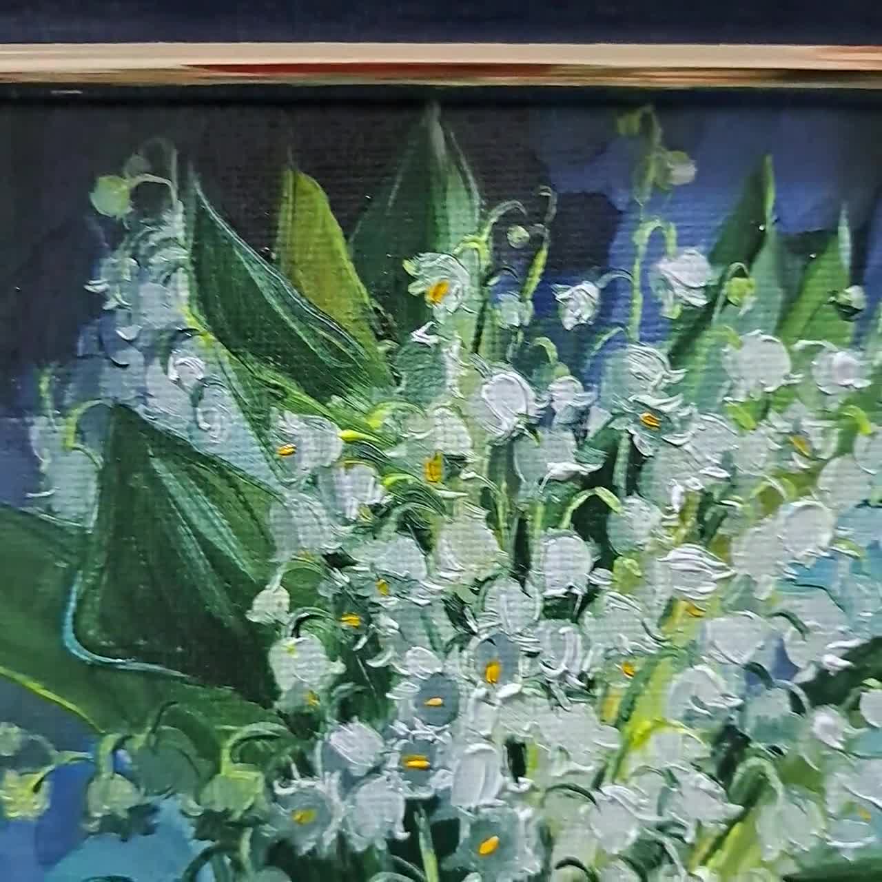小さな額入り油絵、オリジナルミニ絵画キャンバス5x5、スズランの花の