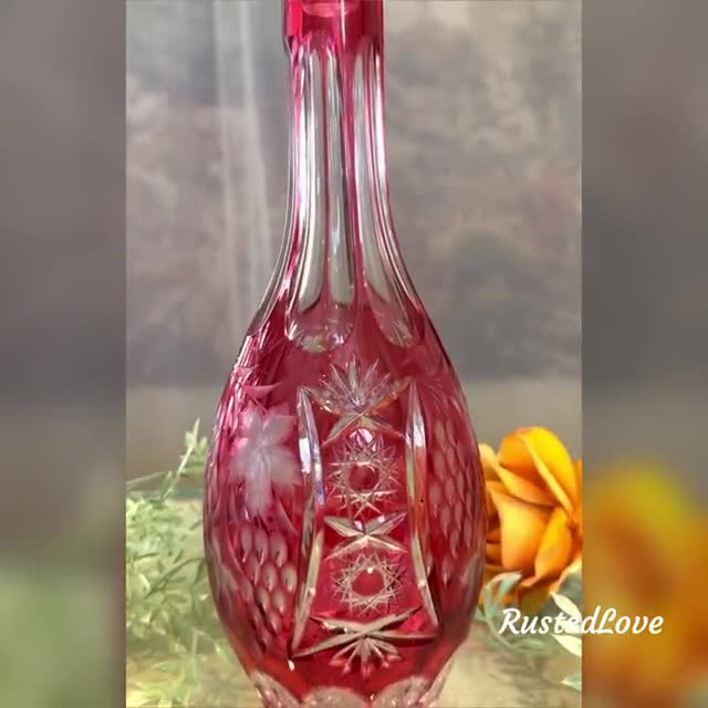 Vintage Red Cranberry Cut to Clear Crystal Decanter Vase shops NO STOPPER