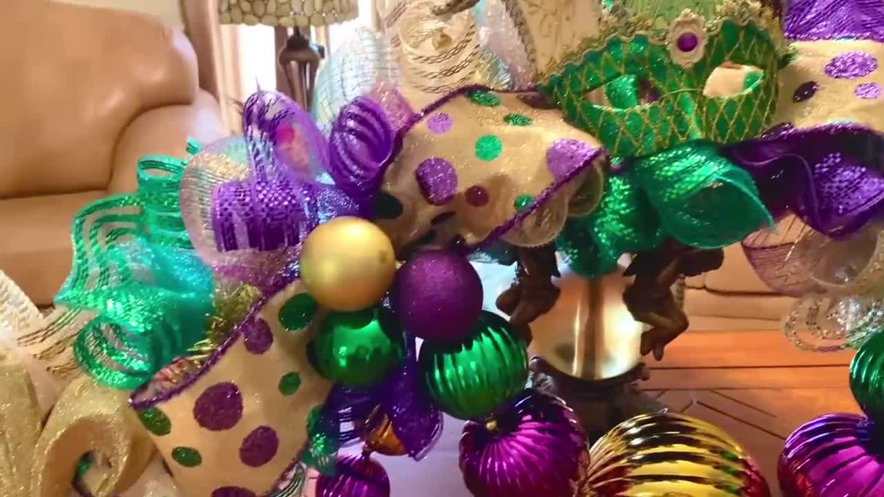 Mardi Gras front door garland. I made it using Christmas clearance items  from Hobby Lobby. Lai…