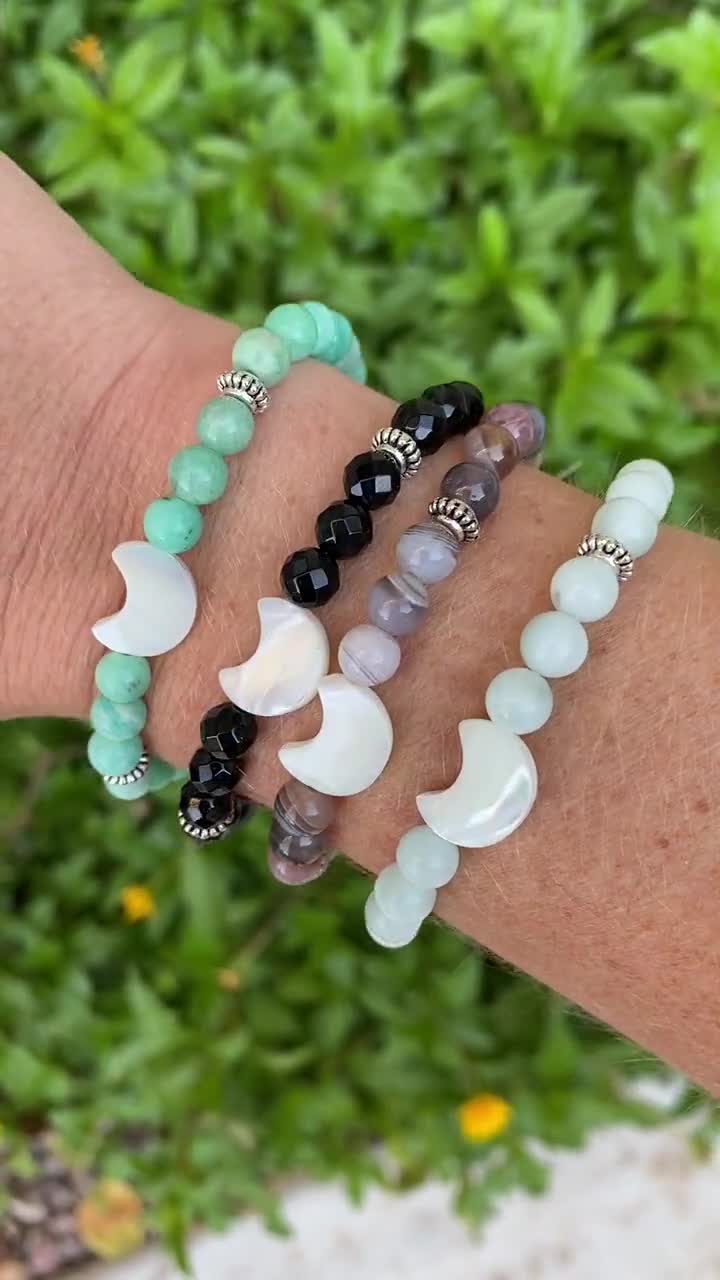 Green Moonstone & Mother of Pearl Moon Skinny Stacker Gemstone Bracelet,  Prosperity and Attraction Bracelet(6mm beads)