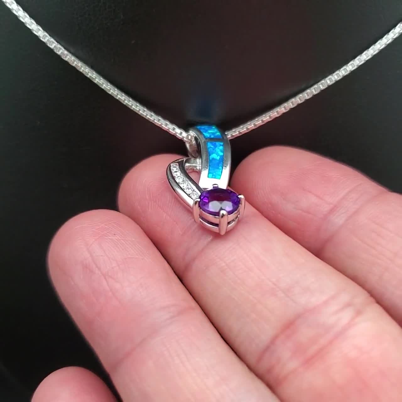 QQ-262 | CZ Amethyst Blue Opal Necklace Pendant | Sterling