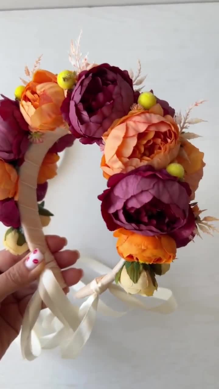 Corona di fiori con rose e peonie, ghirlanda per capelli, con