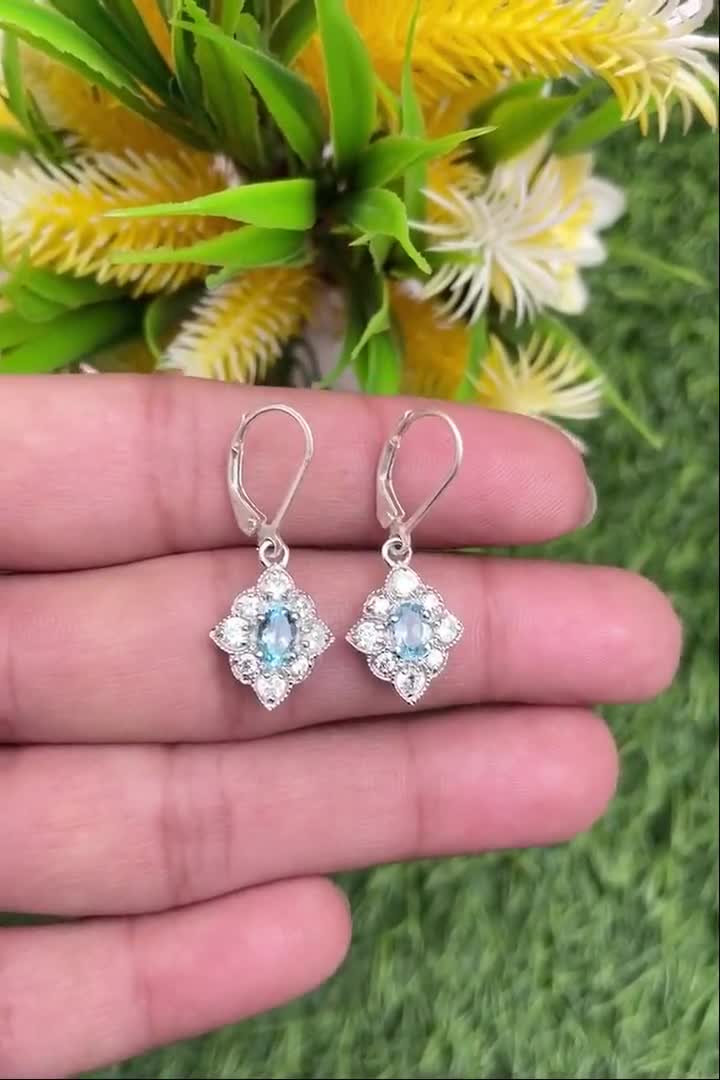 Natural Blue Topaz 925 Sterling Silver Fancy Earrings 2024 ~ Topaz Gemstone Silver Fine Handmade Dangle Earrings Pair ~ Lever Back Hooks ~ RL018