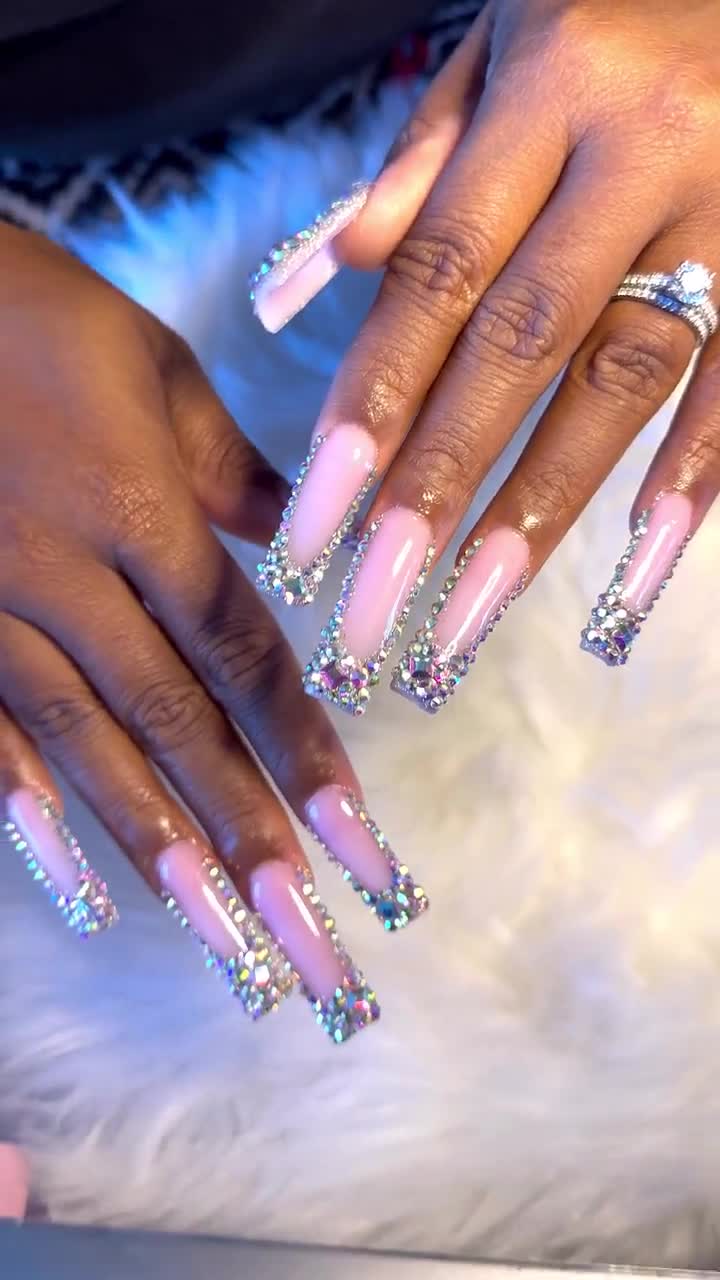 Red Rhinestone Nude Nails Bling Nails Nude Nails Long Nails Holiday Nails  Christmas Nailsluxury Nails Red Nails Glam Nails 