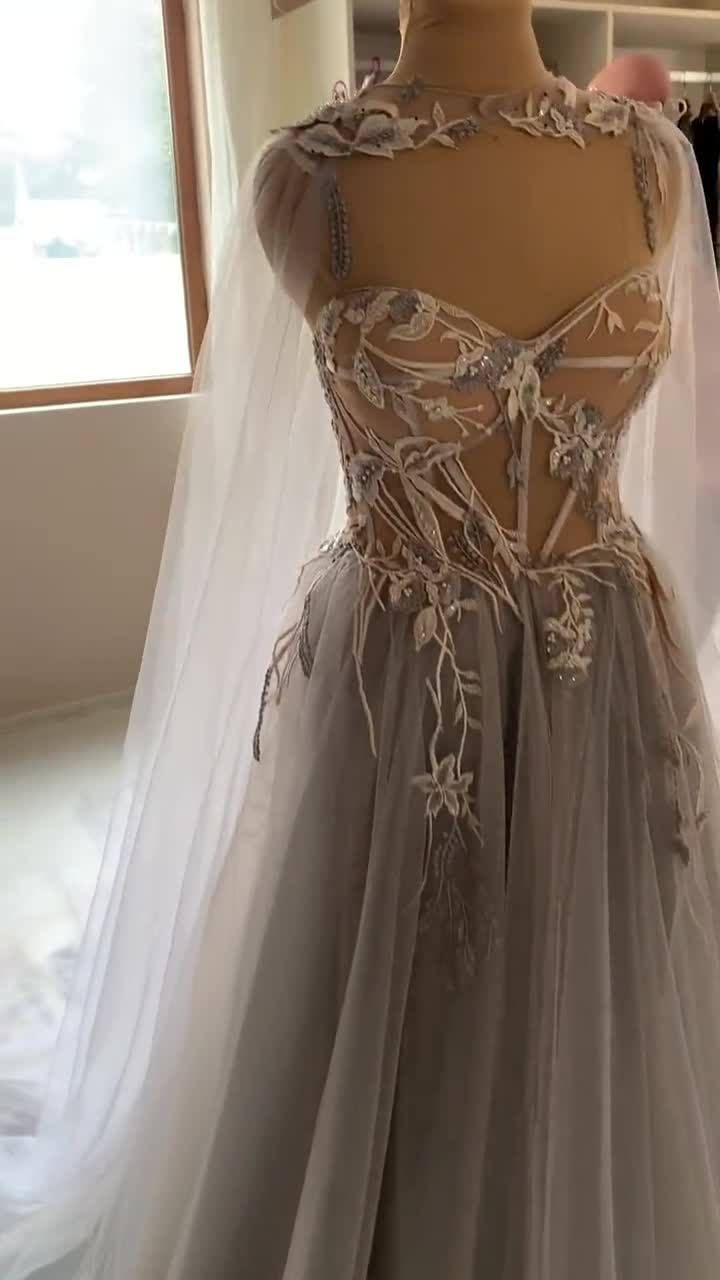 gray embroidered dress Three-Quarter Sleeve Metallic Embroidered Dress