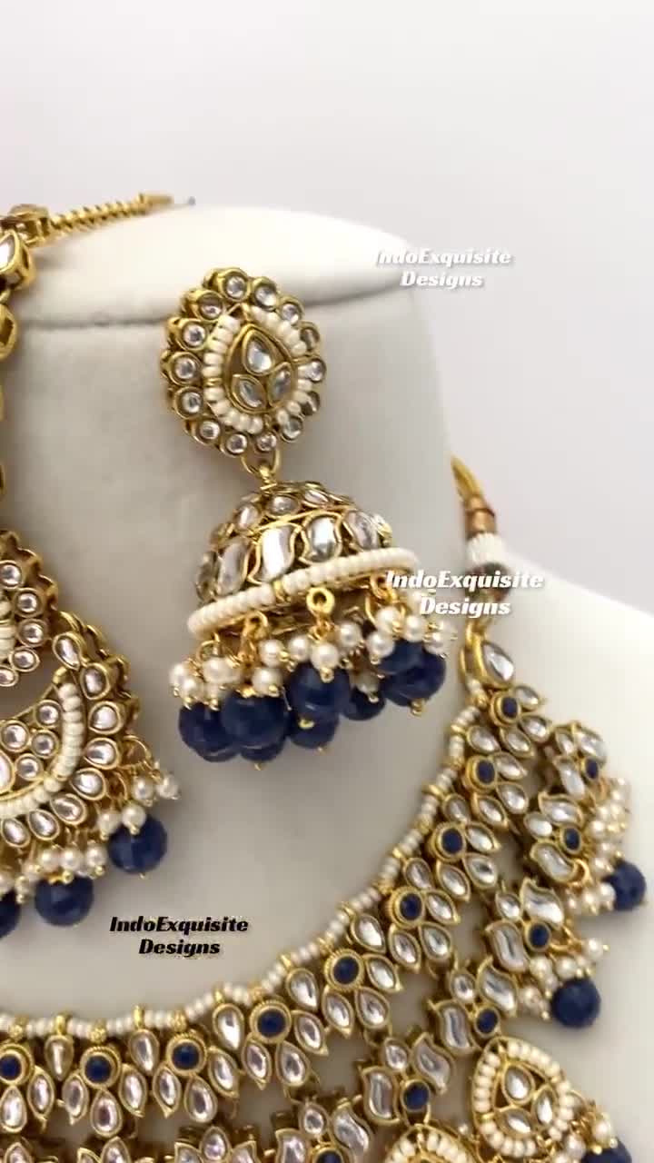 I Jewels 18K Gold Plated Indian Wedding Necklace Set - Kundan & Pearl Bollywood Bridal Jewelry In Blue - View #5