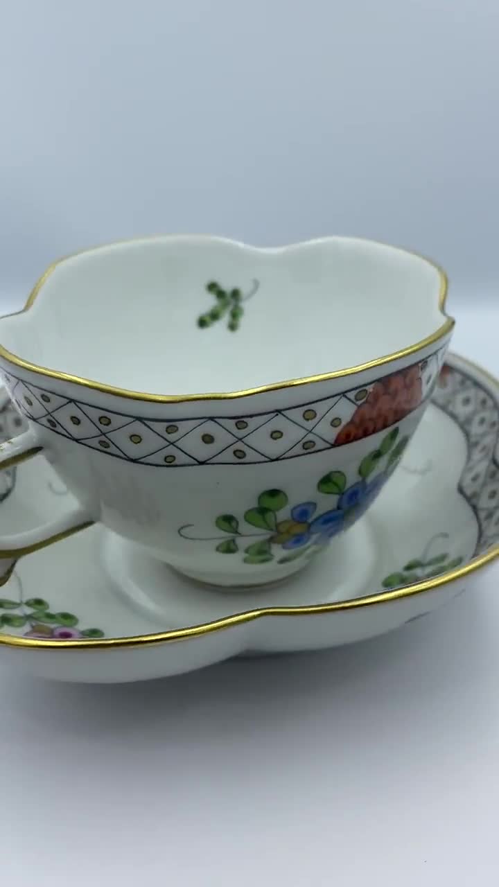 Herend Hungary Hand Painted RARE Porcelain Tea Cup and Saucer Set Vintage  Unique Shaped Teacup and Saucer Bubble Leaves Flowers & Grid 4197