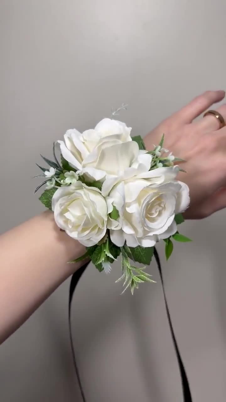 Boho White Rose Wrist Corsage With Eucalyptus on Pearl Wristlet