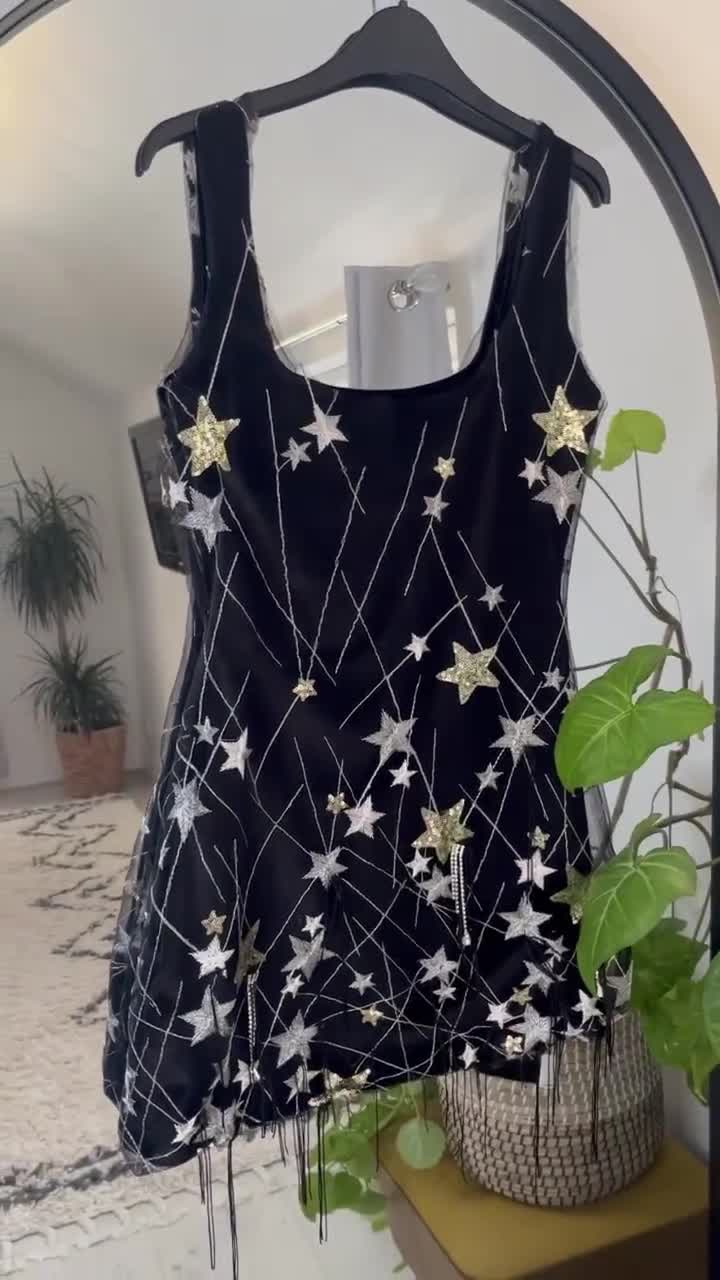 Handmade star embellished sequin tulle black velvet mini dress with tassels