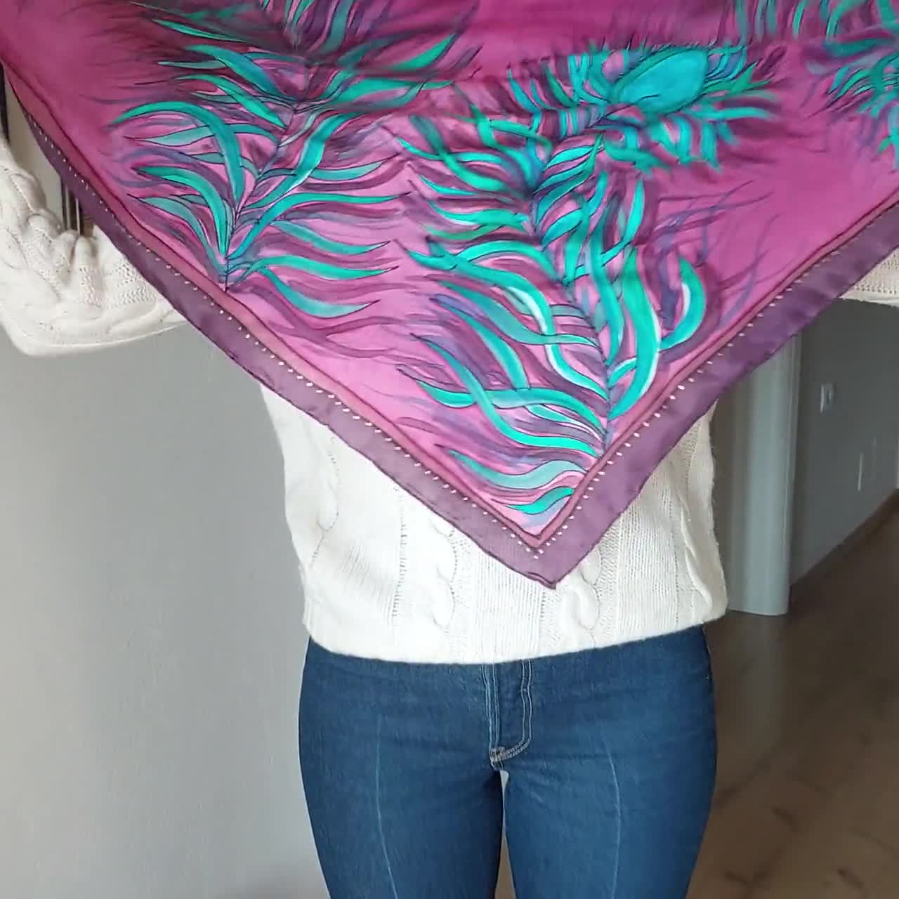 Silk scarf, hand painted with newest red hearts, purple with hints of turquoise and yellow, long rectangle