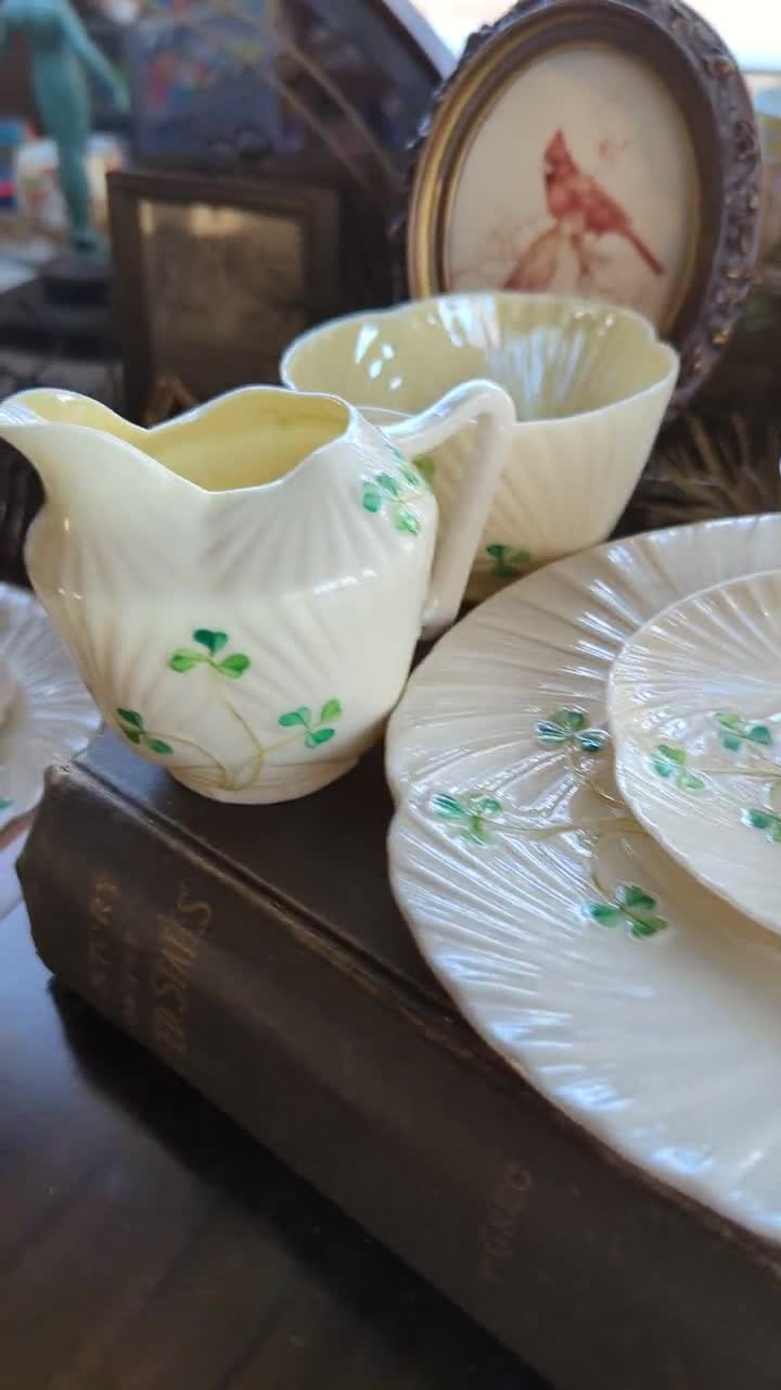 Vintage Belleek Harp Shamrock Trio Set: Luster Creamer & Sugar