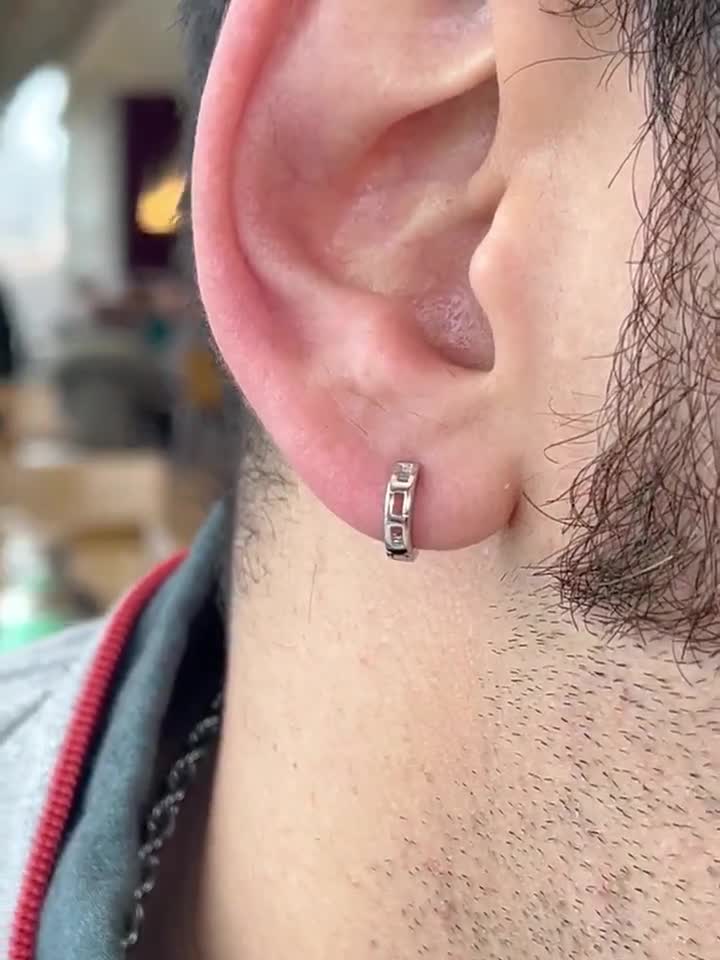 S925 Men Hoop Earring Square Chain Hoops, Mens Silver Hoop