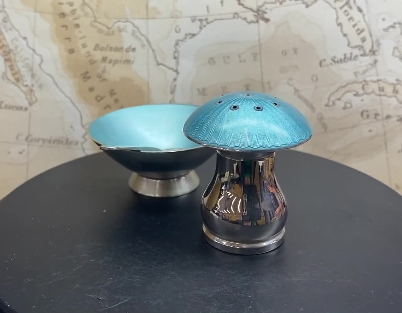 Vintage ELA Denmark 925 Sterling Silver Guilloche Turquoise Enamel Open  Salt Dish With Spoon And Pepper Shaker