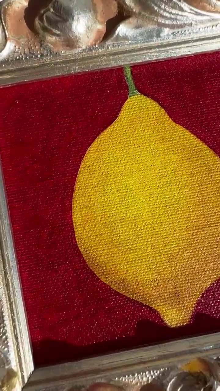 額入りレモン油絵：シルバーのヴィンテージフレームに入ったオリジナル