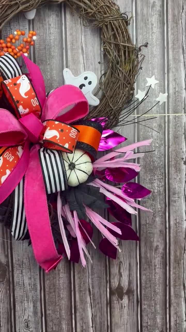 Cute Pink Ghost Wooden Halloween Door Sign With Bow - Farmhouse Style Porch & Wall Hanging Decor - View #6