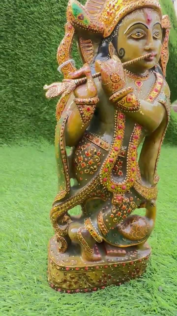 グリーンジェイドのクリシュナ像：手作りのヒンドゥー教の神、寺院の