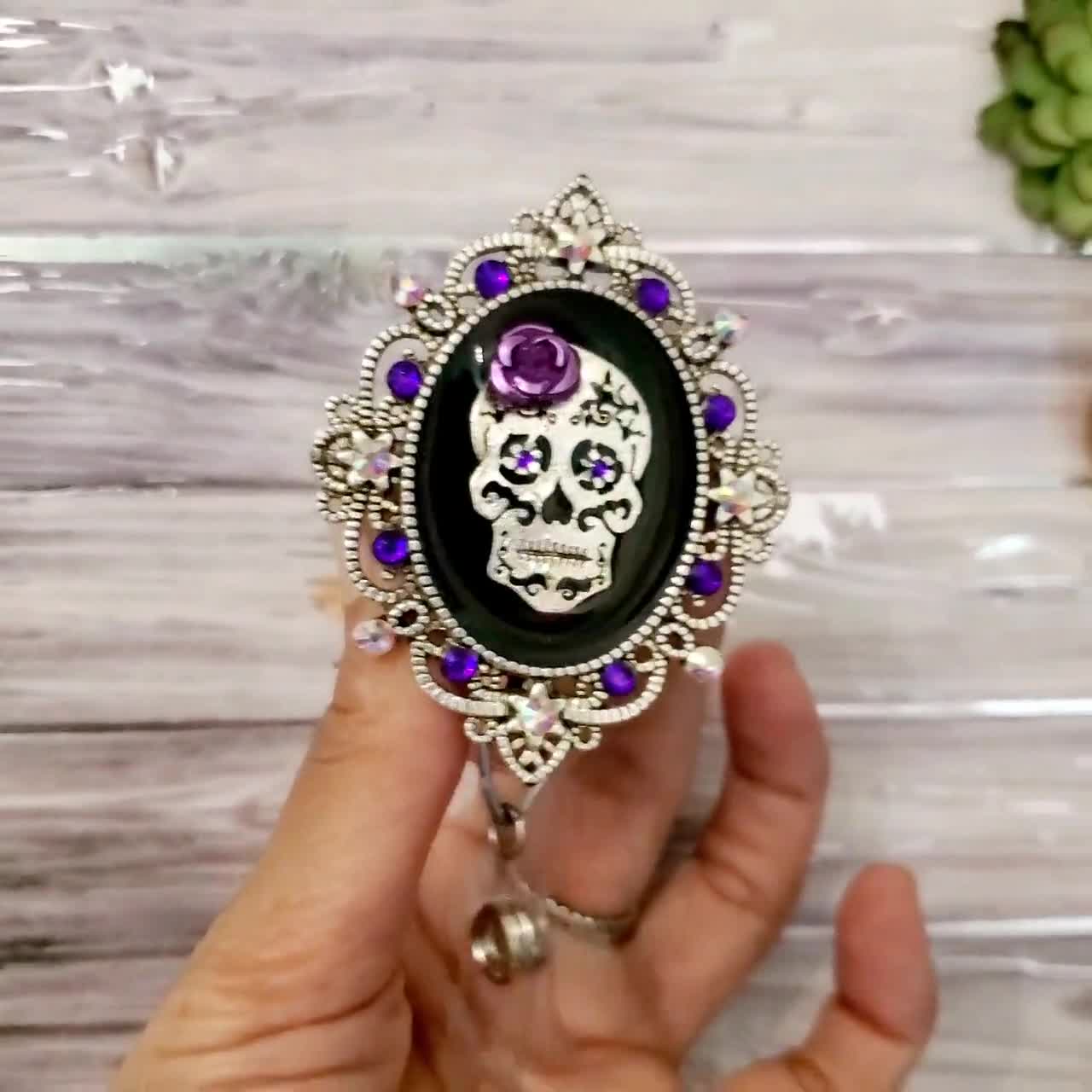 Vintage Skull Badge Reel Holder Clip Gift Muertos Floral Mexican