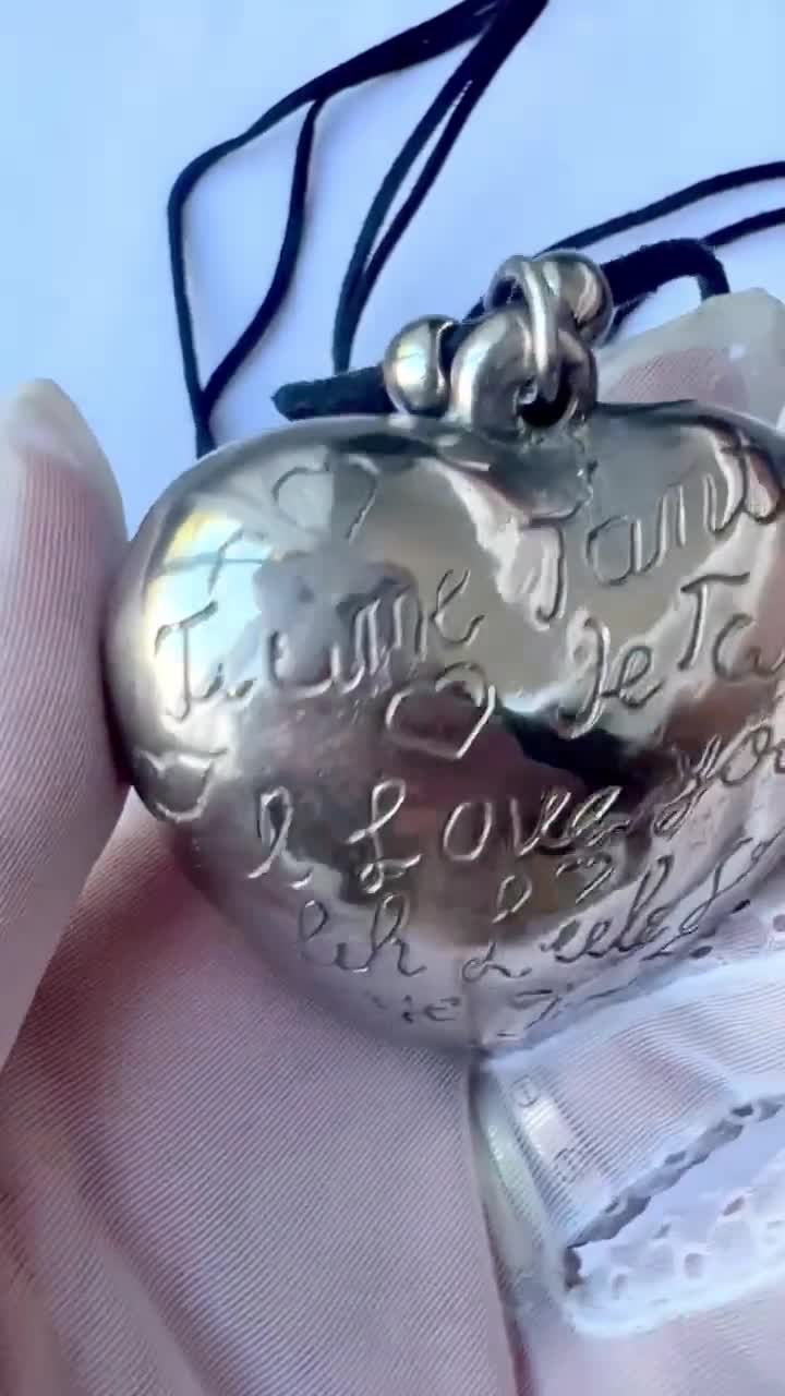 Vintage Large Silver Puffy Heart Hollow Pendant Necklace, With