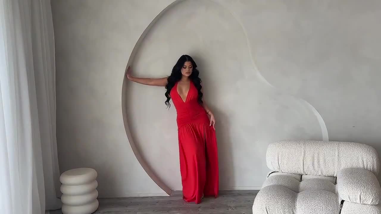 fame and partners vania red plunge halter satin dress Maxi in Subtle ruching at the hip Red Halter Deep-V Lace Formal