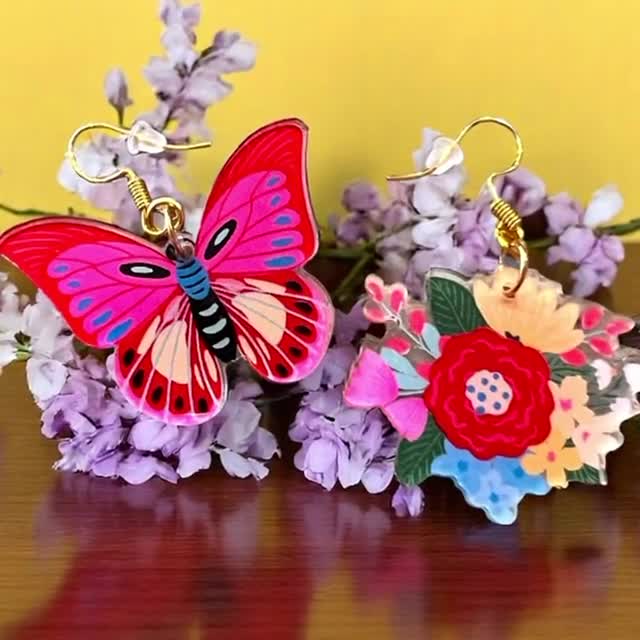 BAMAY Orecchini Pendenti Farfalla Morpho In Acrilico: Gioielli Leggeri Ipoallergenici, Farfalla Blu Con Fiori Tropicali, Regalo Per Giardinieri, Confezione In Velluto - 2