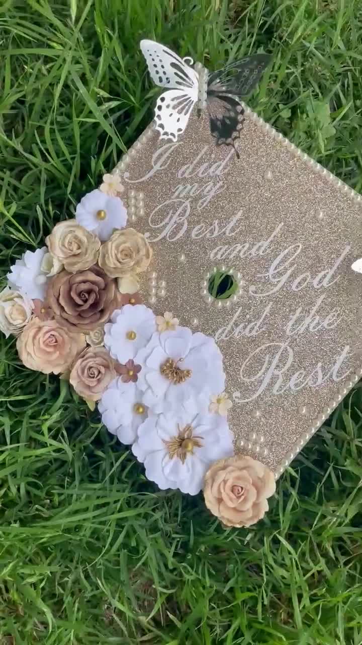 Graduation Cap Topper – 3D Floral, Butterfly, Pearl Decor – Champagne Glitter video poster