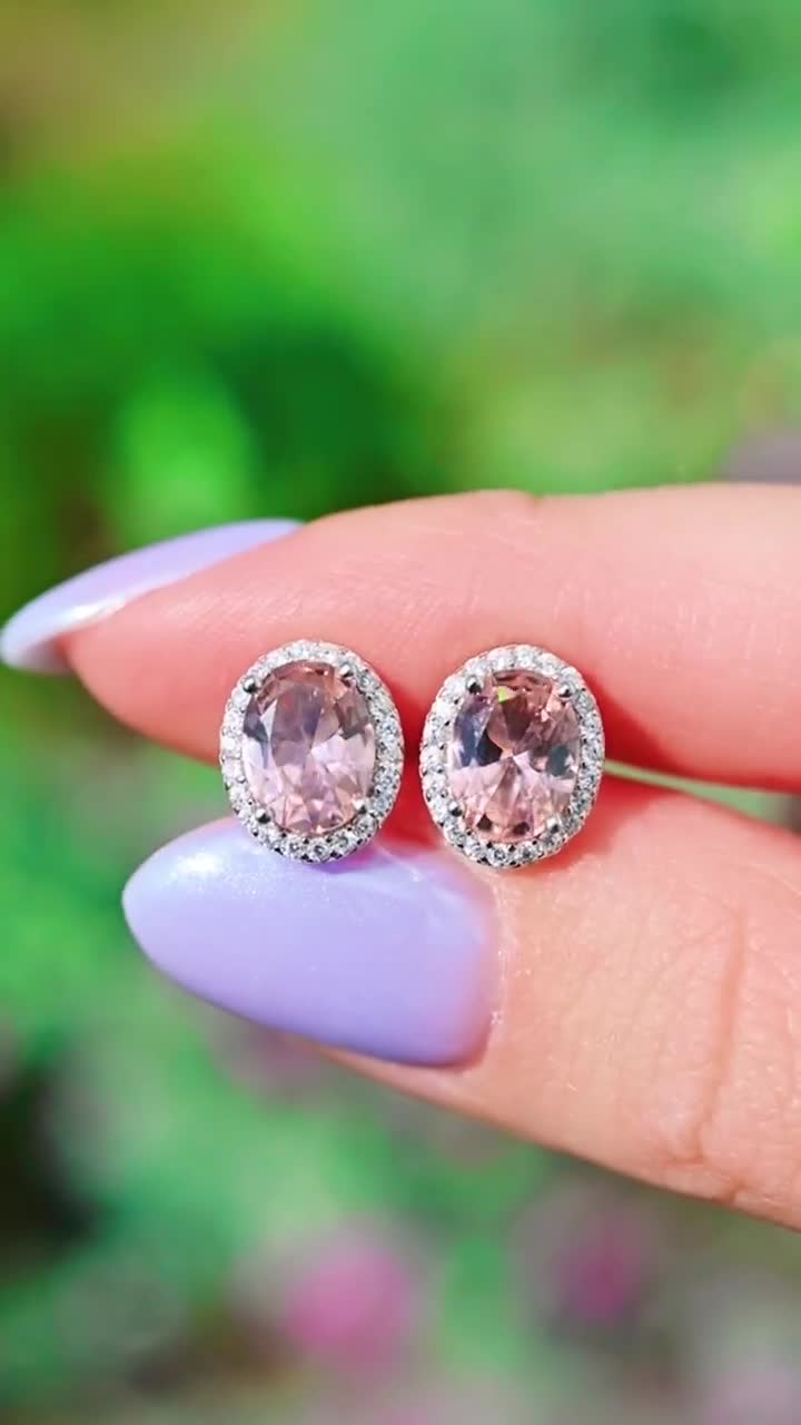 Oval Morganite store Earrings- Sterling Silver Earrings- Dainty Morganite Stud Earrings Hypoallergenic Earrings Anniversary Birthday Gift for Her