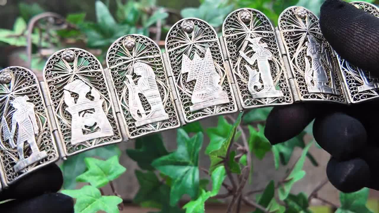 Vintage Egyptian Silver Filigree Bracelet Wide Panel Egypt