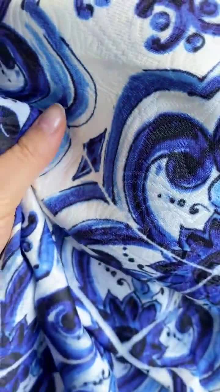Majolica Print Jacquard Fabric by the Yard, Blue Tile Print Italy