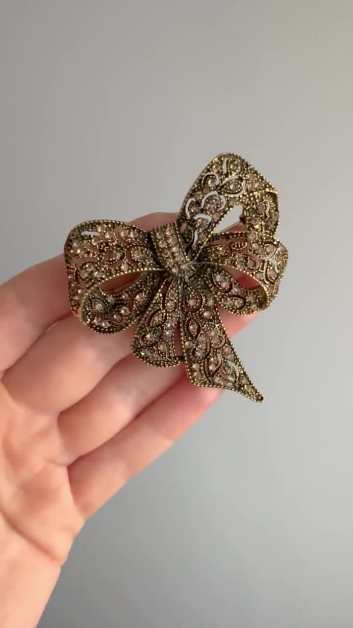 Gold Bow Brooch, Women Crystal Brooch, Gift Idea Accessory