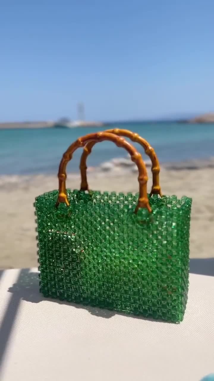 Green Cube Bead Bag With Bamboo Handle - 'havana' Style - Etsy