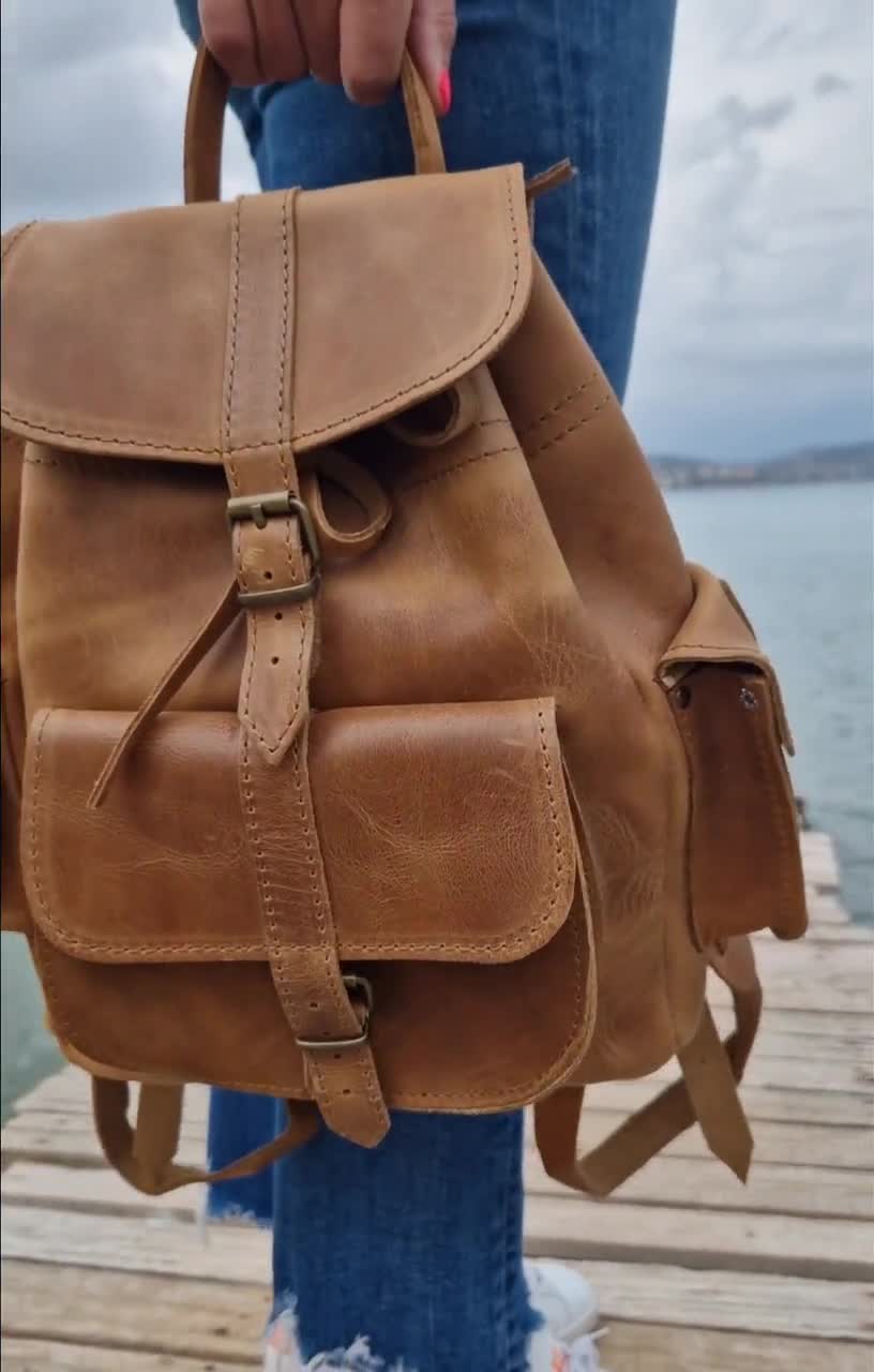 Handmade Waxed Leather Backpack, Greek Student Bag