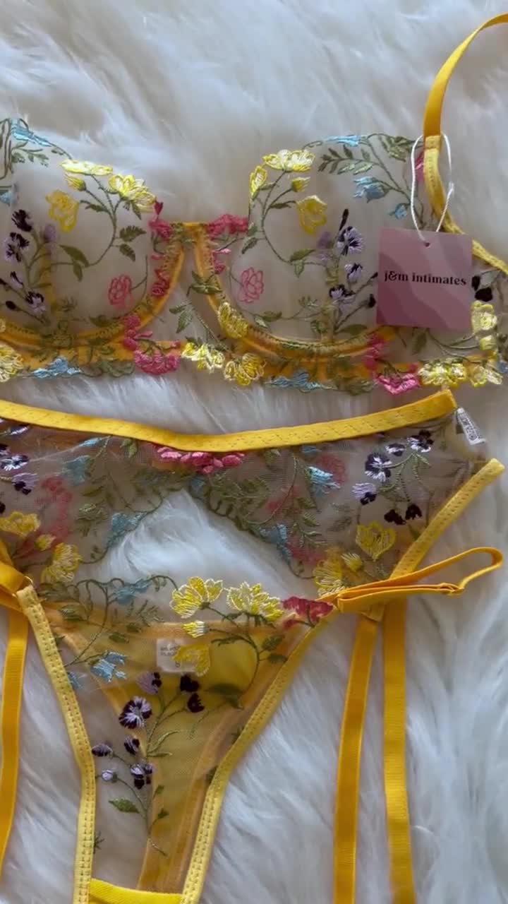 Yellow Floral Lingerie Set Lace Lingerie Embroidered Lingerie Garter Belt  Gift for Her Bridal Lingerie 