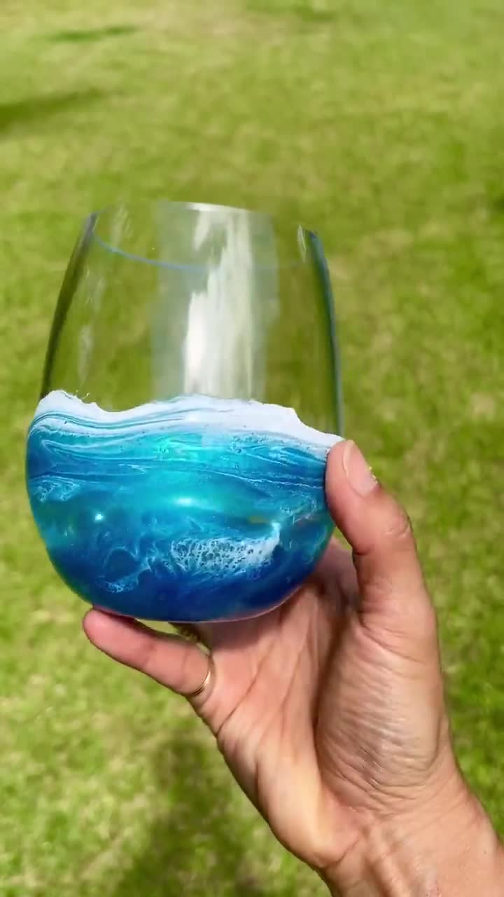 4 Coastal Beach Iridescent Aqua Acrylic Drinking Wine Glasses Indoor/Outdoor