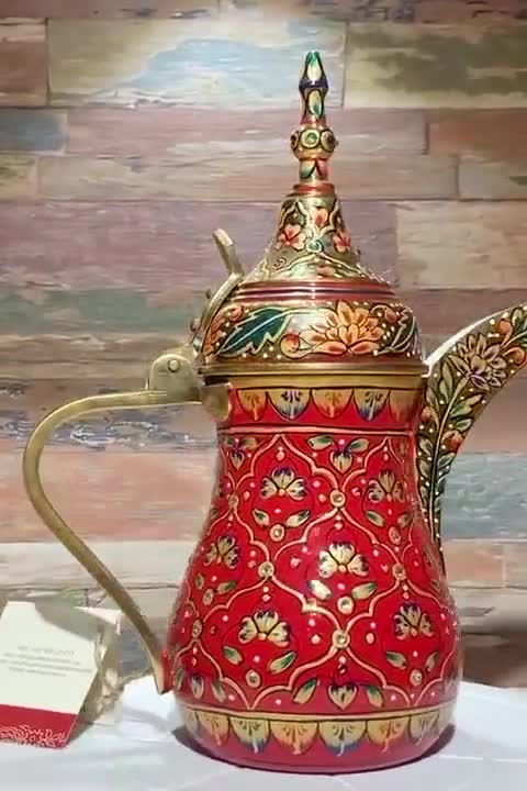 Arabic Dallah Brass Coffee pot Majestic hand painted Maroon gold with crystals Kahawa tea kettles Eid Gift Ramadaan Collection