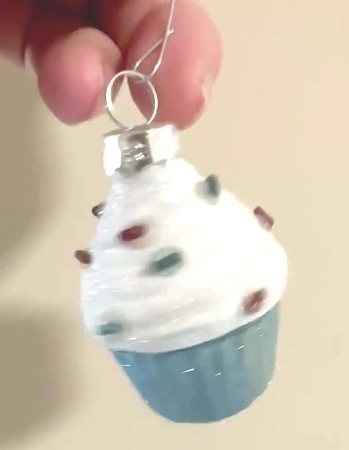 ヴィンテージクリスマスカップケーキオーナメント：青白ガラス