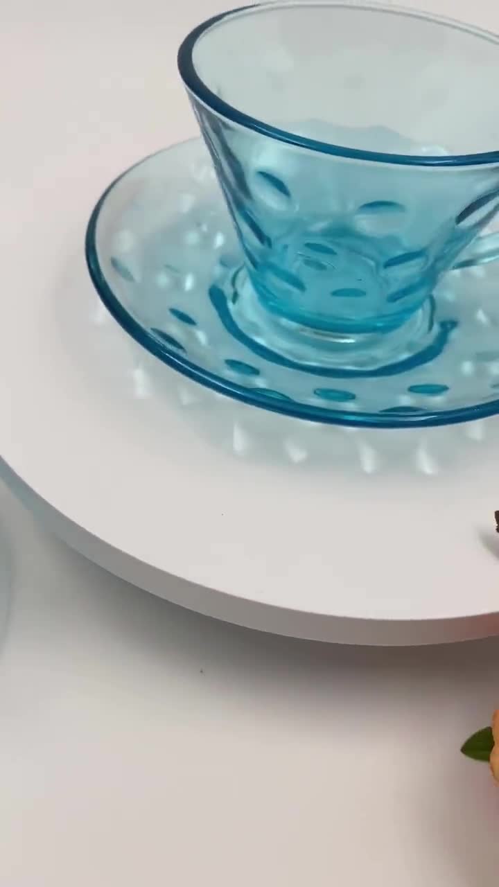 Blue Coin Dot Glass Tea Cup and Saucer Set of Two Unique