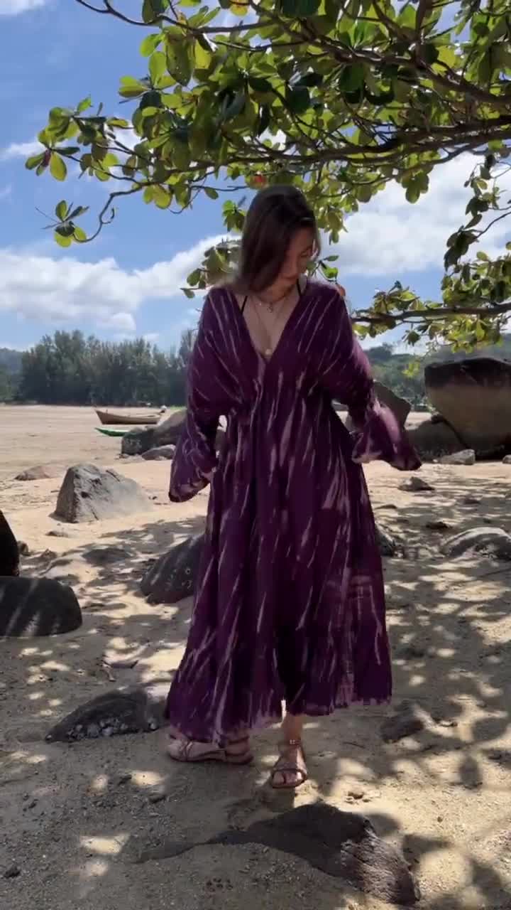 ワンピース Heriter Table cloth kaftan dress25SS Long Sleeves Kaftan Dress in Purple, Tie Die Boho Maxi Dress