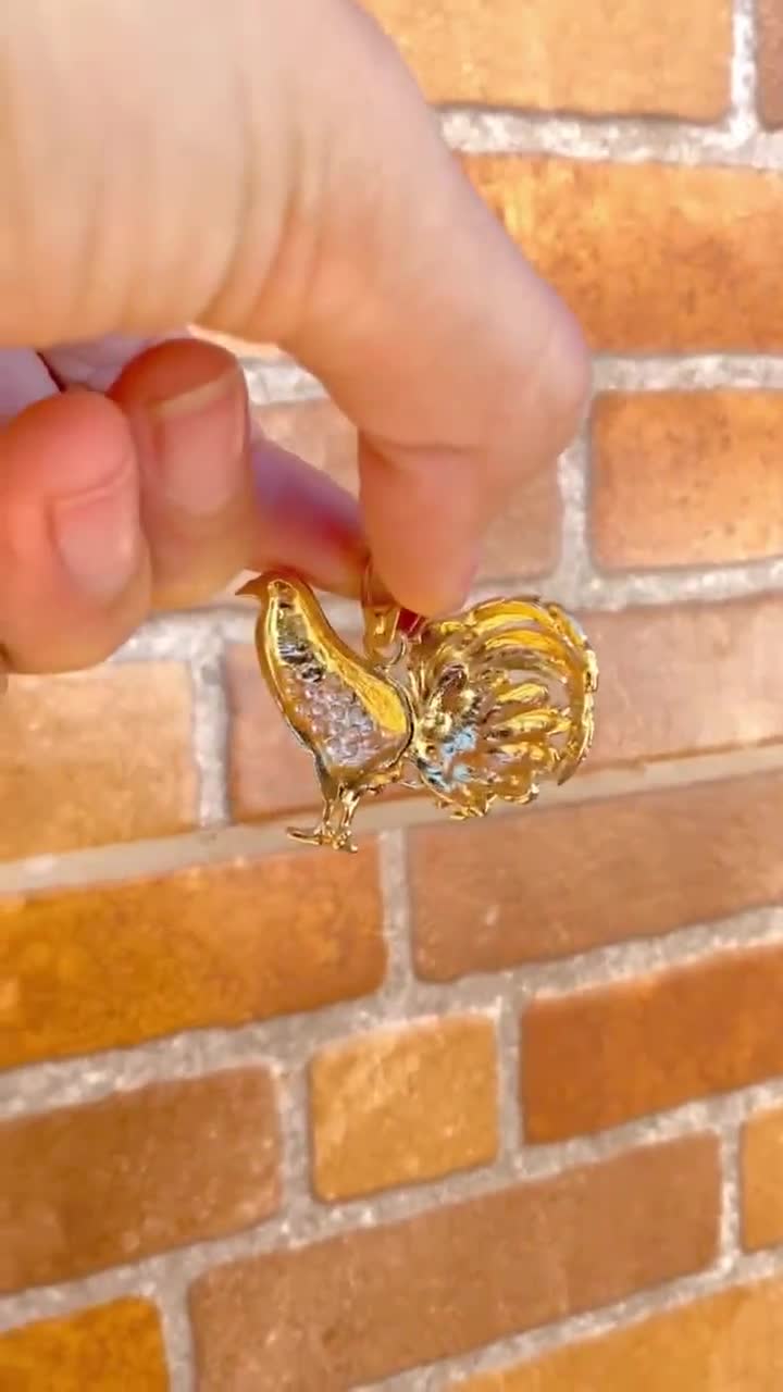 14K Gold Filled Chicken Rooster Pendant: CZ Charm, 33x45mm