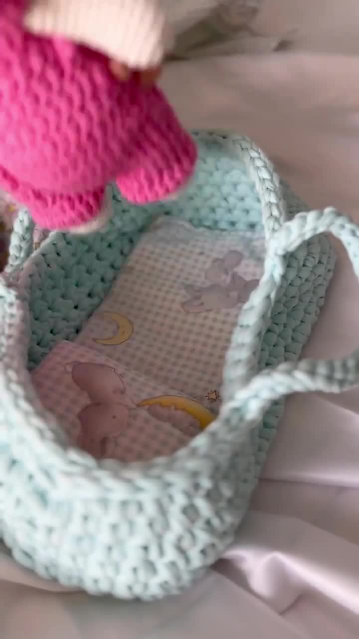 Doll moses basket Christmas gift for kids Custom made Doll bassinet Baby doll moses basket Doll cradle Crochet doll carrier Tshirt yarn video poster