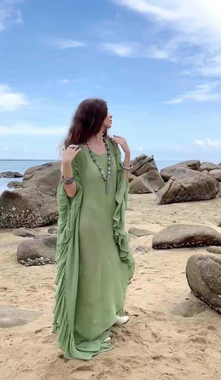 Indian Beautiful Store Hippie Kaftan Tunic - Bohemian Beach Cover Up, Ethnic Print Maxi Dress (Green, Free Size) - View #2