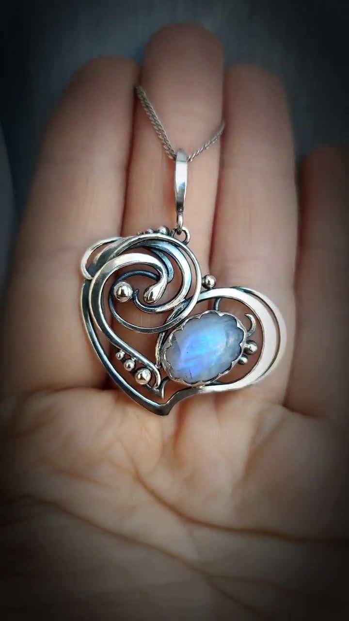 Wire Wrapped Silver Moonstone Heart Pendant, Art Deco