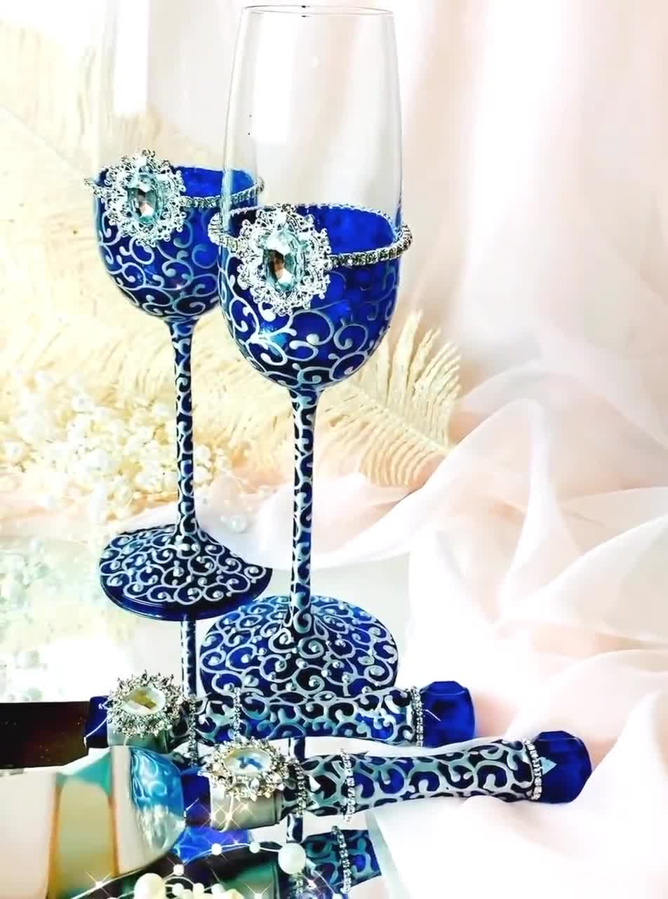 White&Royal blue Wedding champagne glasses-Hand on sale painted Wedding flutes-Floral Wedding Favor-Stained glass Wedding toasting glass-WeddingGift