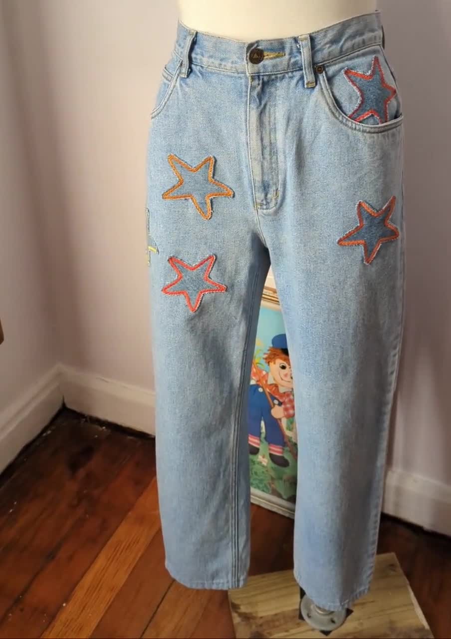 Reworked Embroidered Rainbow Star Pocket Jeans