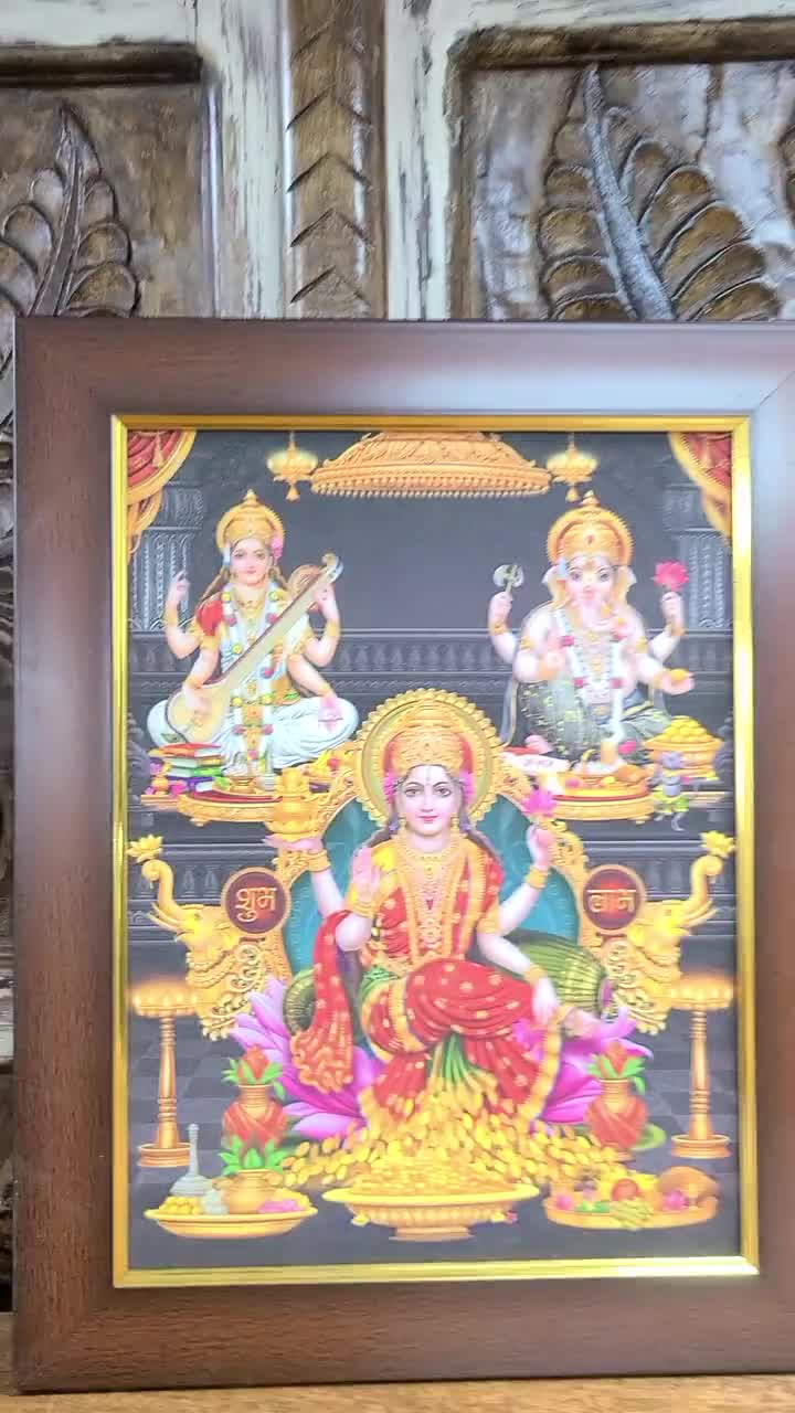 14 inches by 11 inches size LAXMI GANESH SARASWATI frame wall hanging glass less picture Hindu for temple/ Home decor usa seller fast ship video poster