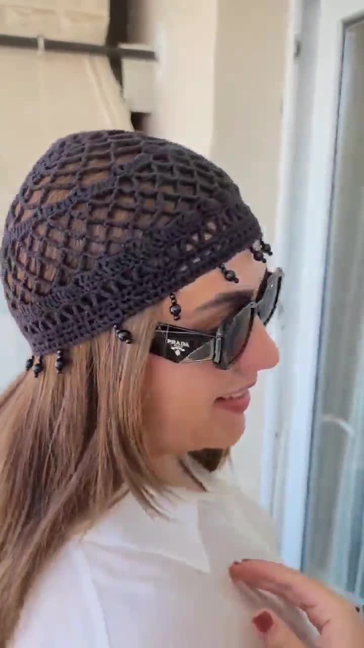 Beaded Black Crochet Hat, Cotton Mesh Knitted Hat, Skull Cap