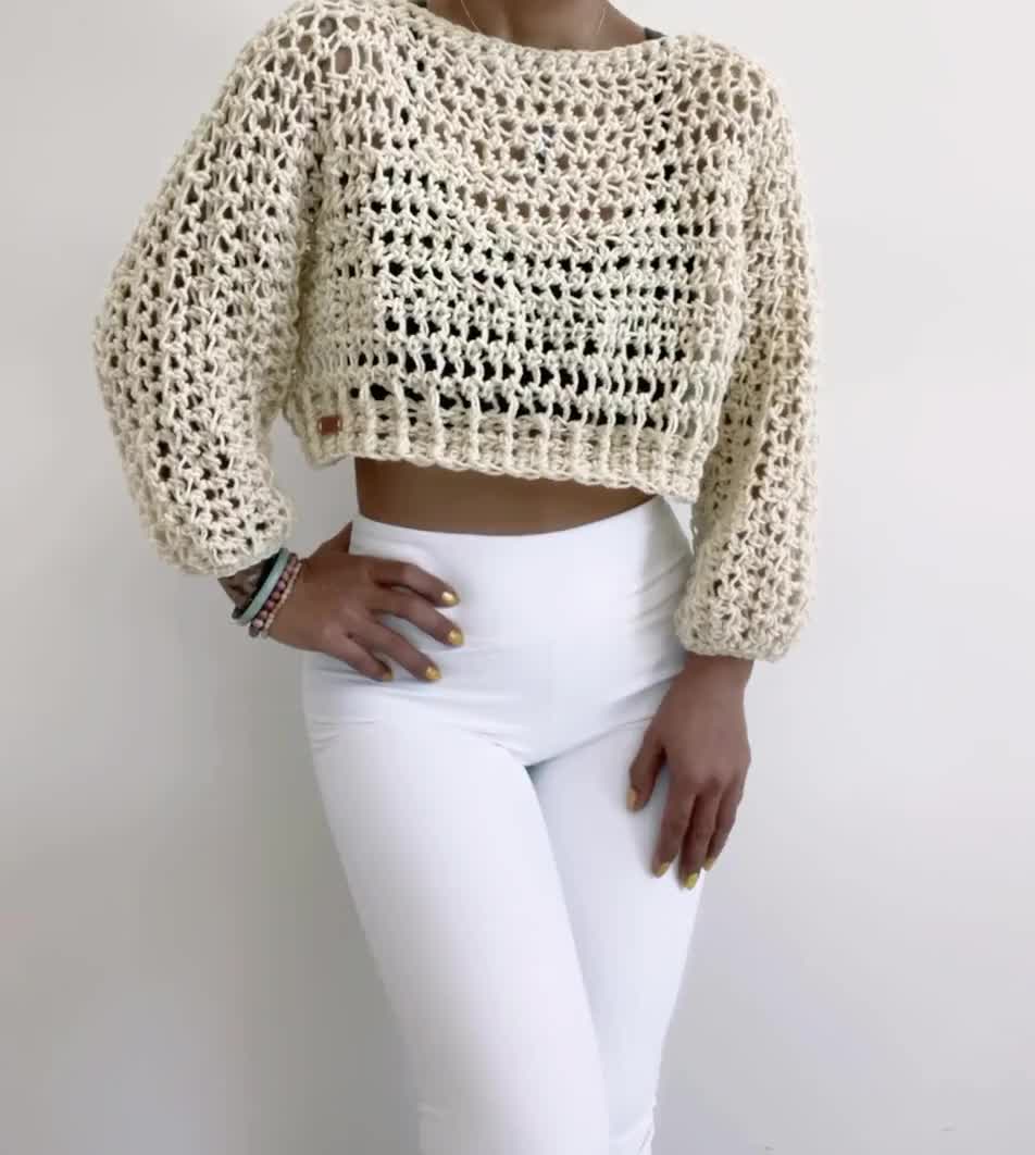 Handmade Crochet Crop Sweater: Vanilla Fishnet Knit, Yoga Cover-up