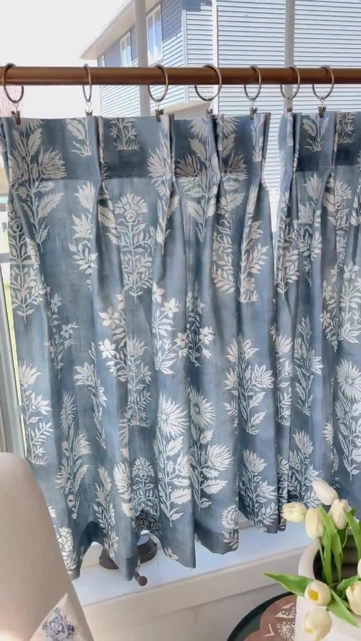 Renaiss Blue Floral Kitchen Curtains - 26x30 Inch Linen Tier, Light Filtering (2 Panels)