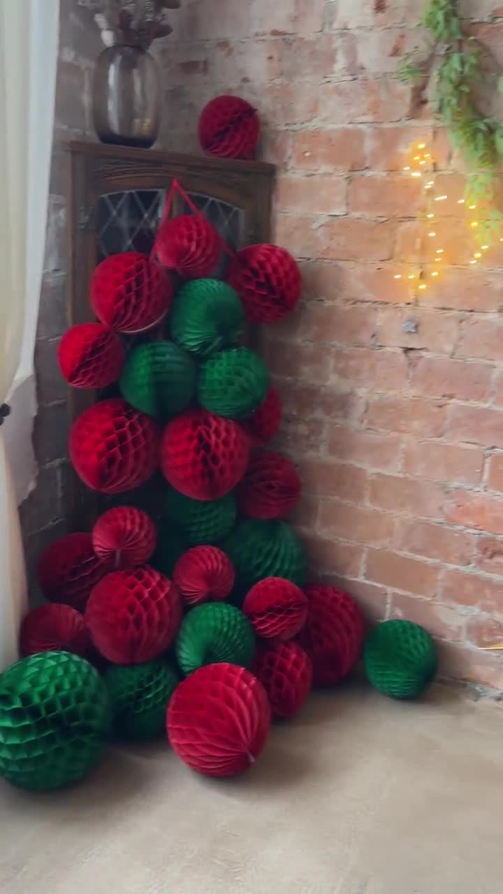 Set of three Red And Green Ombre Paper Honeycomb Decorations- party decor-  folding