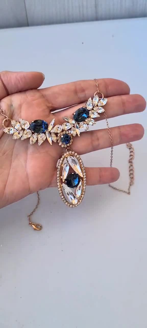 Montana Navy Blue Necklace, Rose selling Gold Crystal Statement Necklace,Multi Stone Pendant, Rhinestone Necklace, Cluster Bridal,Wedding